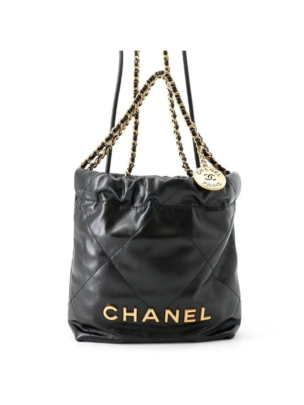 Chanel 22 Mini CC Logo Shiny Calf Leather 2-Way Shoulder Bag Black